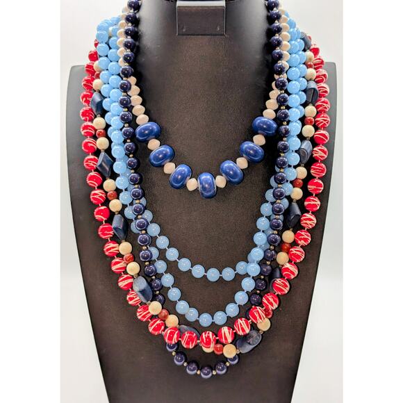Lot of Five Vintage Acrylic Red White Blue Beaded Necklaces to Mix or Match - Picture 1 of 6